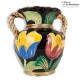 Ancien vase Vallauris des années 1950 avec dorures, fleurs et anses torsadées. French Antique