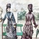 Gravure de mode (robes à crinoline), eau-forte en couleur sur acier vers 1880 par Guido Gonin,  sous verre et encadrée