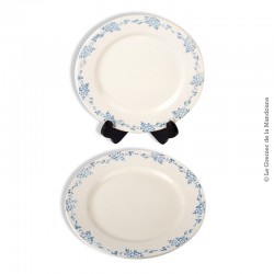 2 anciennes assiettes plates faïencerie des Rochers, marli guirlande de fleurs bleus