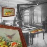 Chromolithographie nature morte aux fruits & rouge gorge. Cadre ancien vitré