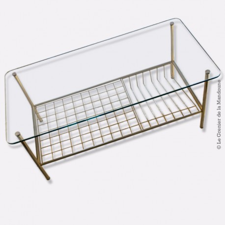 Table basse en métal et verre vintage, design 1950 / 1960,  Pierre Guariche