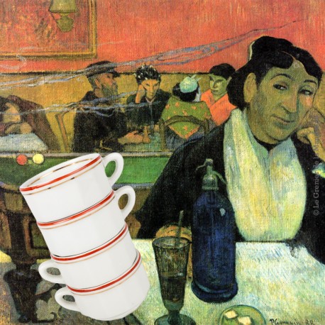 Le Grenier de la Mandoune. 4 tasses à café Bistrot, porcelaine de Chauvigny APILCO, 1940-1950