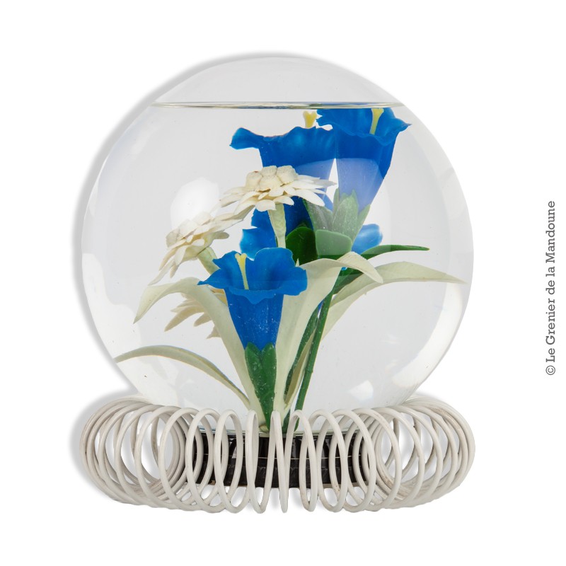 Boule à eau en verre vintage avec inclusion de fleurs sur socle